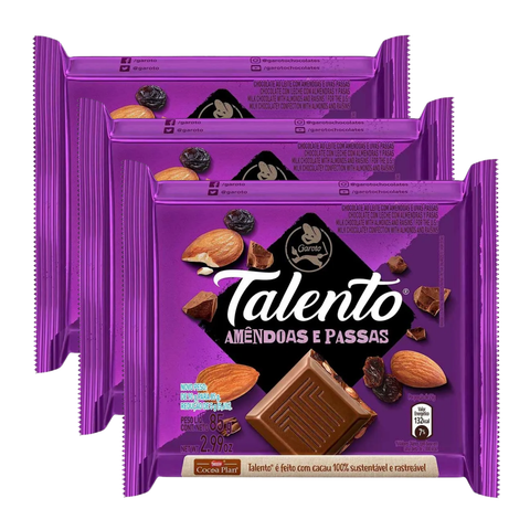 Chocolate Garoto Talento Amêndoas e Passas 3x90g