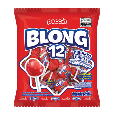 Blong 12 Strawberry Lollipop with Gum 600g Peccin