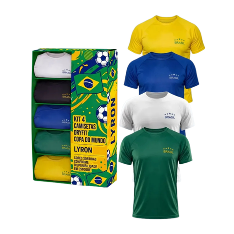 Kit 4 Camiseta Brasil Copa Masculina Seleção Dry Fit Raglan