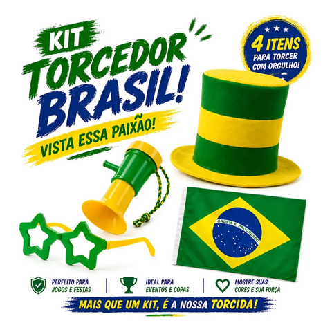 Kit Torcedor Brasil Copa Do Mundo 2026 Chapeu Corneta