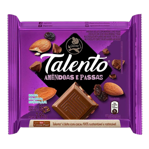 Chocolate Garoto Talento Amêndoas e Passas 3x90g
