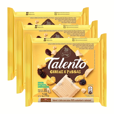 Chocolate Garoto Talento Branco com Cereais e Passas 3x85g