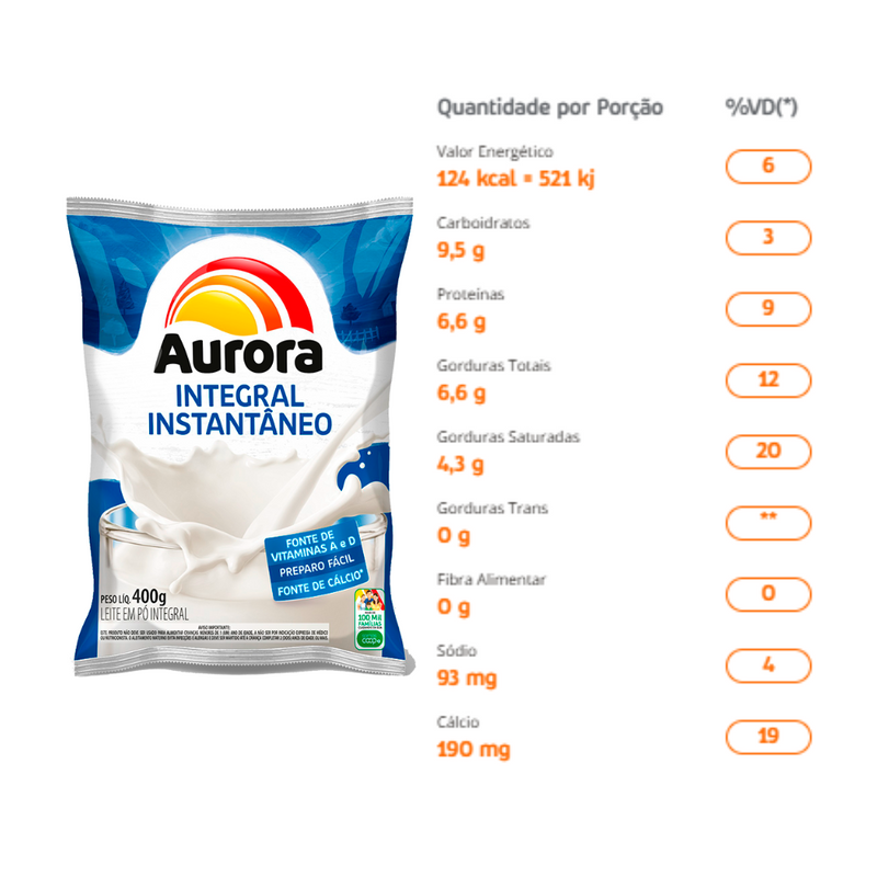 Leite em pó integral instantâneo Aurora 400G