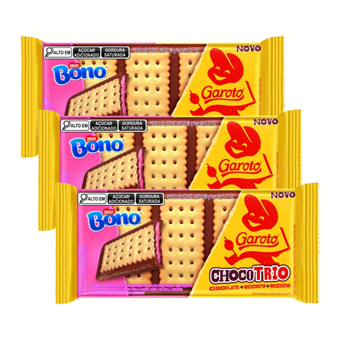 Biscoito Choco Trio Garoto Bono Morango 3x90g