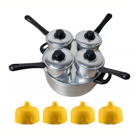 Couscous steamer with 4 small aluminum drone-type pans.