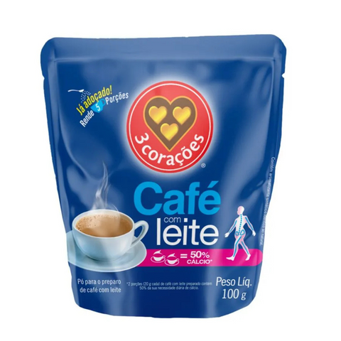 Café com Leite Solúvel 3 Corações Sache 100g