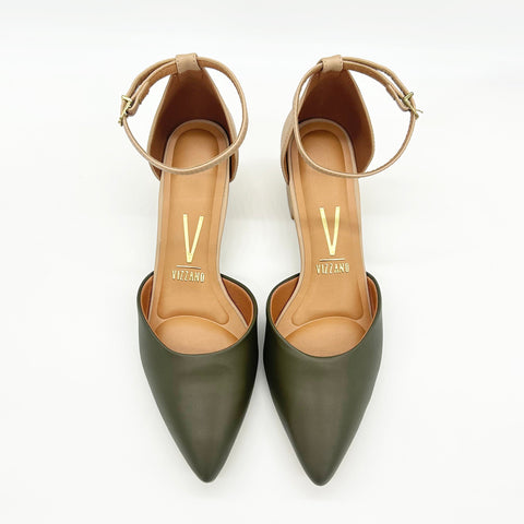 Vizzano 1220-317 Block Heel Ankle Strap Pump in Olive/Beige