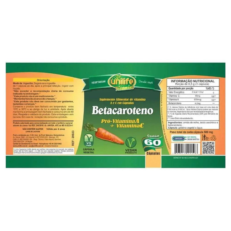 Betacaroteno Pró Com Vitaminas A E C - Unilife - 60 Cápsulas - Meu Brasil On Line