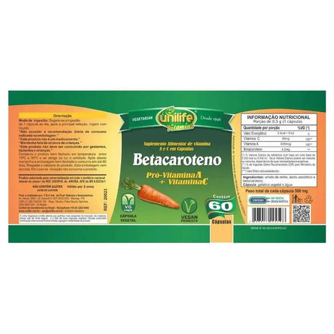 Betacaroteno Pró Com Vitaminas A E C - Unilife - 60 Cápsulas - MEUBRASILONLINE