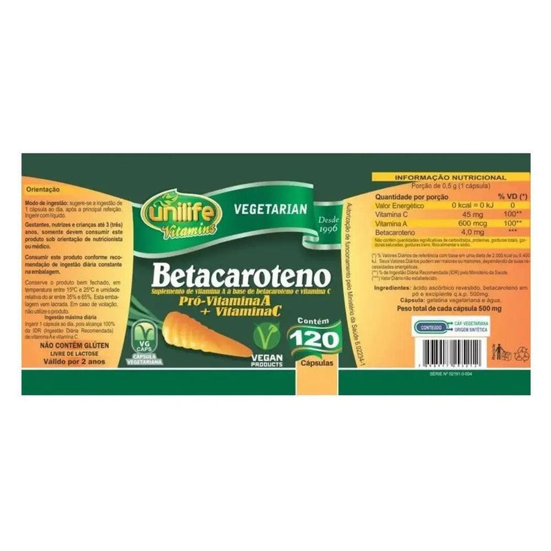 Betacaroteno - Unilife - 120 Cápsulas - Meu Brasil On Line