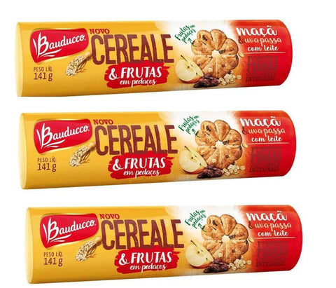 Biscoito Cereale e frutas maçã e uvas passas Bauducco 3x141g - MEUBRASILONLINE