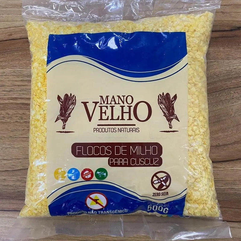 FLOCOS DE MILHO PARA CUSCUZ NATURAL NÃO TRANSGÊNICO | 500G | MANO VELHO - MEUBRASILONLINE