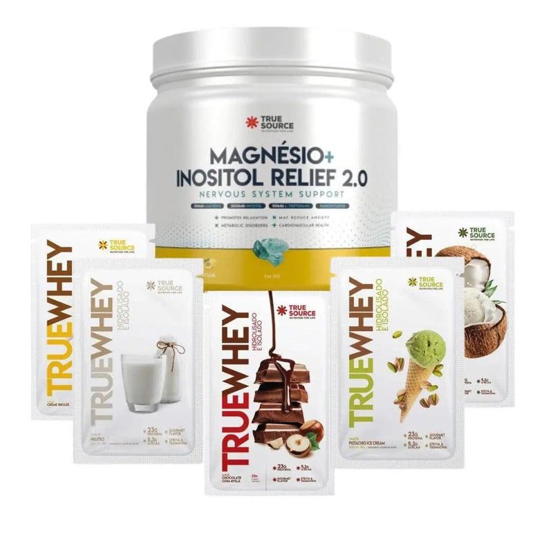 Kit True Source Magnésio Inositol Relief 375g 2.0+ 5 Sachês TrueWhey 32g - MEUBRASILONLINE