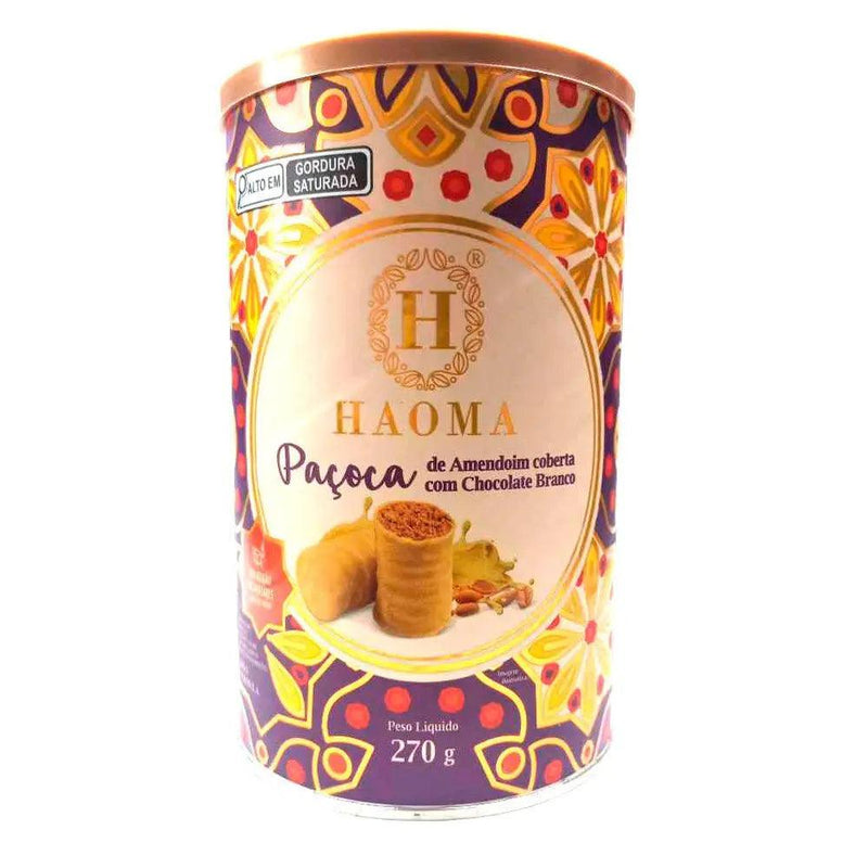 Lata de Paçoca Amendoim Cobertura Chocolate Branco Haoma 270g - Meu Brasil On Line