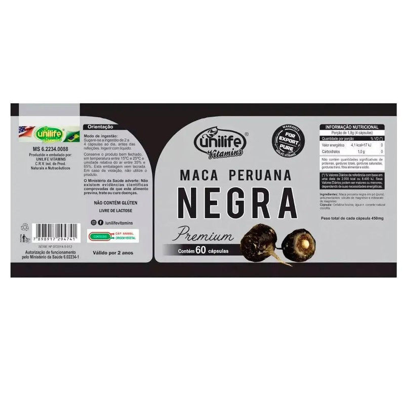 Maca Peruana Negra Premium Unilife 60 Cáps - MEUBRASILONLINE