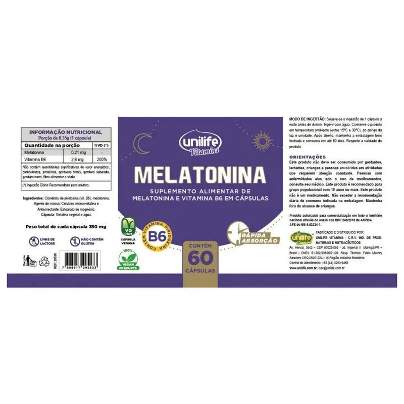 Melatonina Vitamina B6 Unilife 60 caps - Meu Brasil On Line