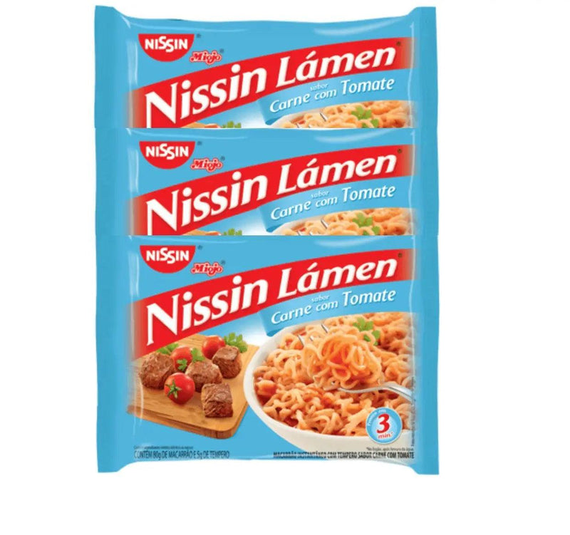 Nissin Lamen Carne Tomate 3 x 99g PROMOÇÃO 26/07/24 - Meu Brasil On Line