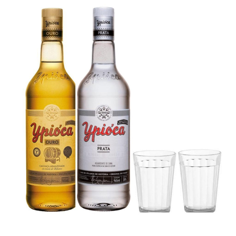 Cachaça Aguardente Ypióca Ouro 965ml + Ypióca Prata 965ml + 2 copos de brinde