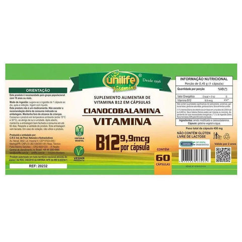 Vitamina B12 Cianocobalamina Unilife 60 Cáps - MEUBRASILONLINE