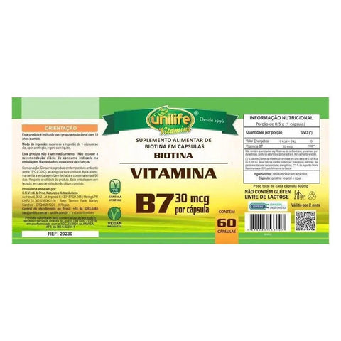 Vitamina B7 Biotina - Unilife - 60 Cápsulas - MEUBRASILONLINE