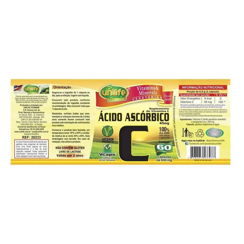 Vitamina C - Ácido Ascórbico - Unilife 60 Cápsulas - Meu Brasil On Line