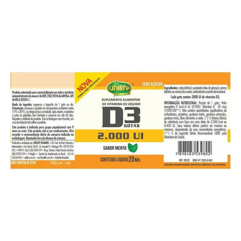 Vitamina D3 Em Gotas Sabor Menta Unilife 20ml - MEUBRASILONLINE