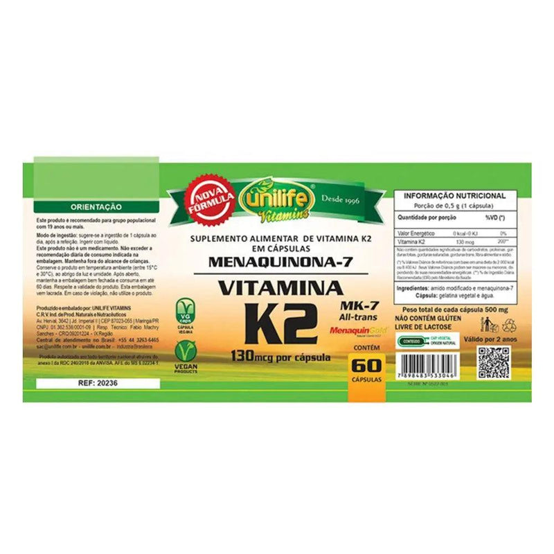 Vitamina K2 Menaquinona - Unilife - 60 Cápsulas - Meu Brasil On Line