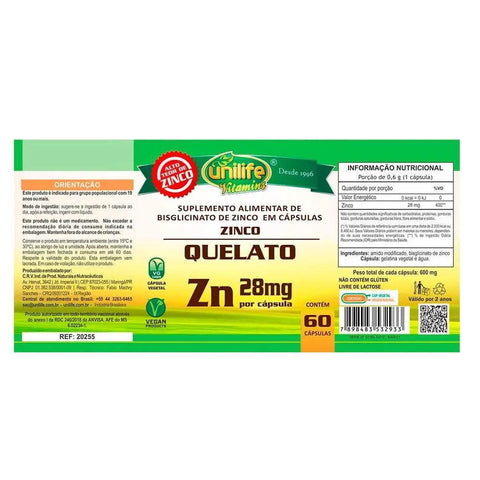 Zinco Bisglicinato Quelato Unilife 60 Cápsulas - MEUBRASILONLINE